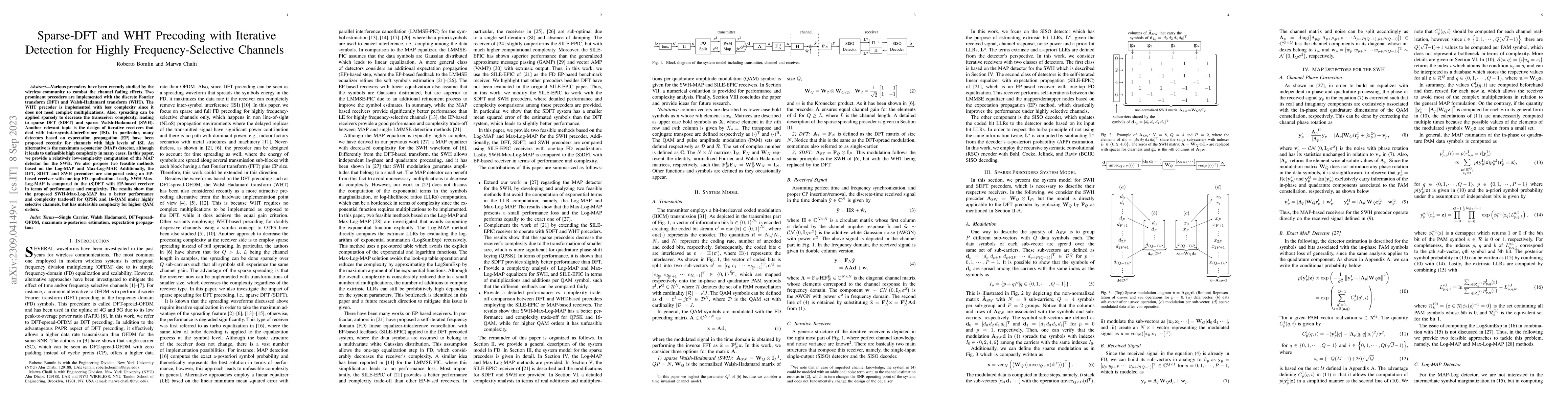 Thumbnail for Sparse-DFT and WHT Precoding with Iterative Detection for Highly
  Frequency-Selective Channels