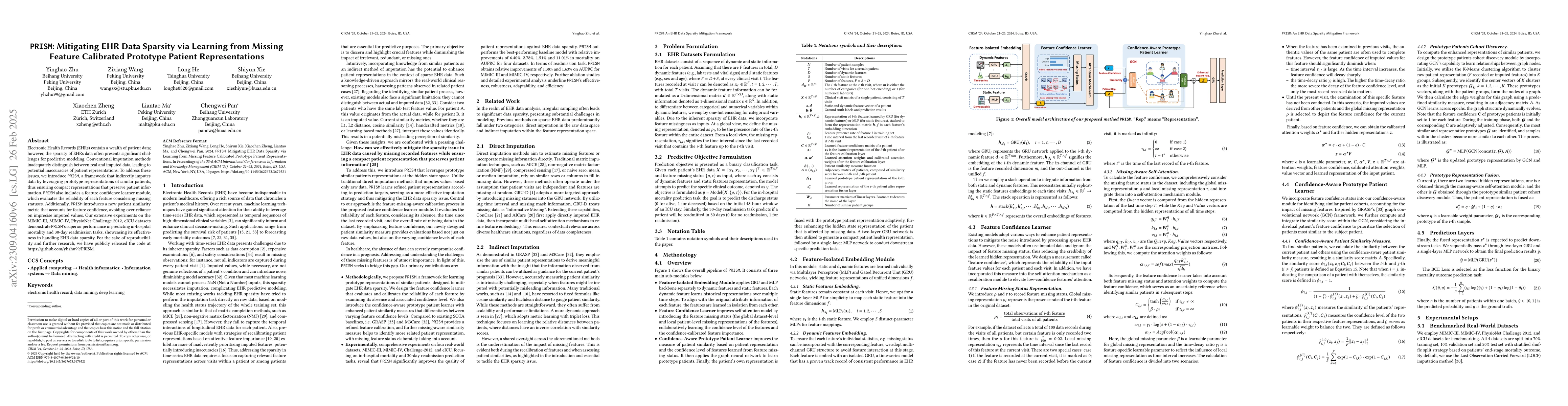 Thumbnail for PRISM: Leveraging Prototype Patient Representations with
  Feature-Missing-Aware Calibration for EHR Data Sparsity Mitigation