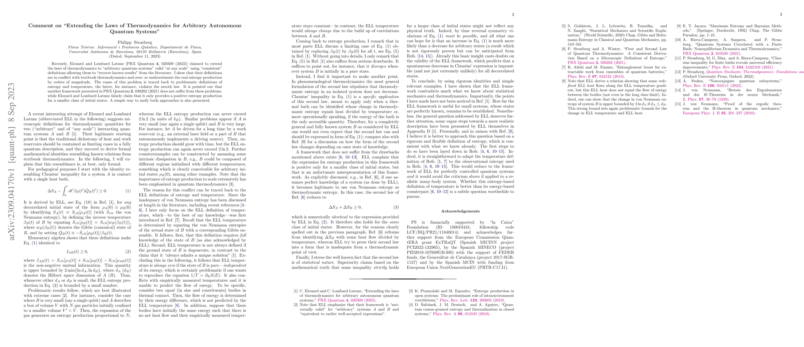 Thumbnail for Comment on "Extending the Laws of Thermodynamics for Arbitrary
  Autonomous Quantum Systems"