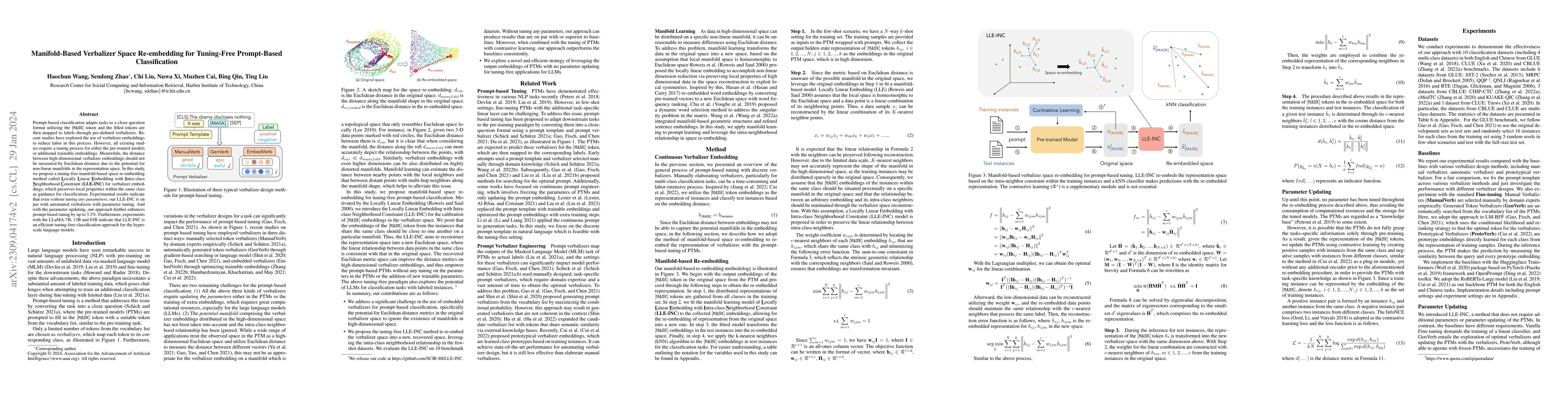 Thumbnail for Manifold-based Verbalizer Space Re-embedding for Tuning-free
  Prompt-based Classification