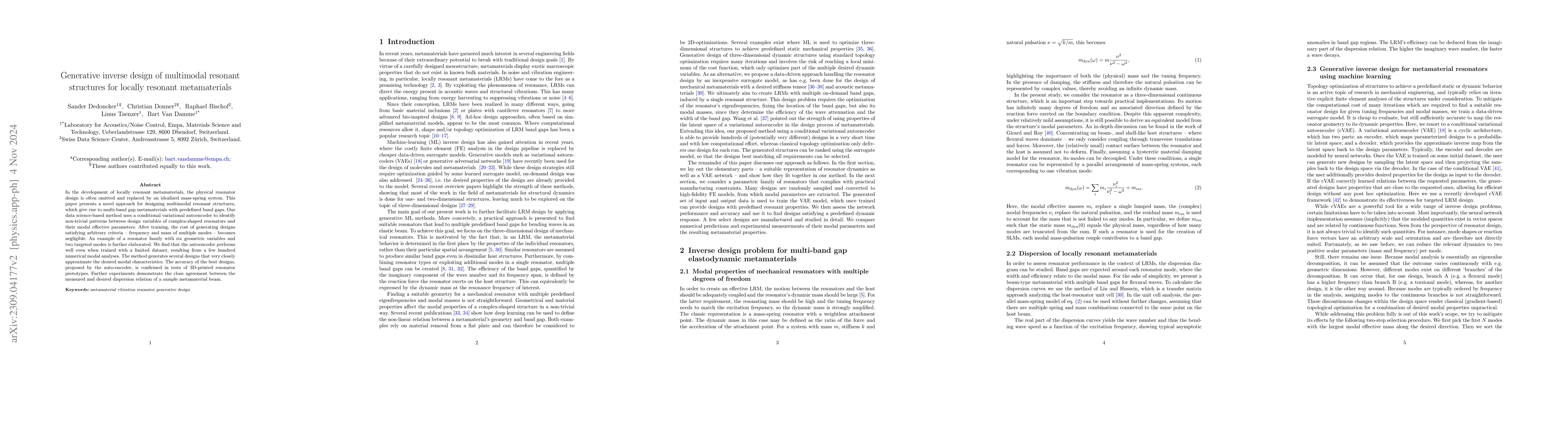 Thumbnail for Generative inverse design of multimodal resonant structures for locally
  resonant metamaterials