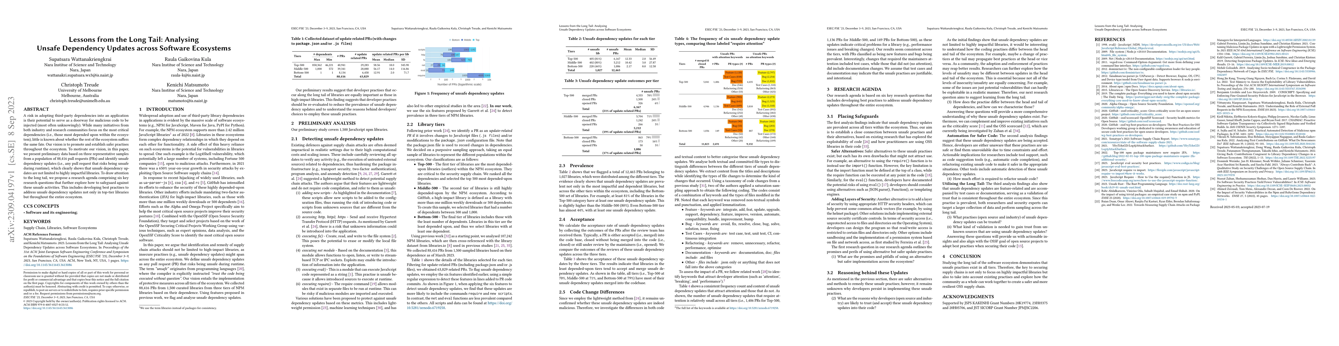 Thumbnail for Lessons from the Long Tail: Analysing Unsafe Dependency Updates across
  Software Ecosystems