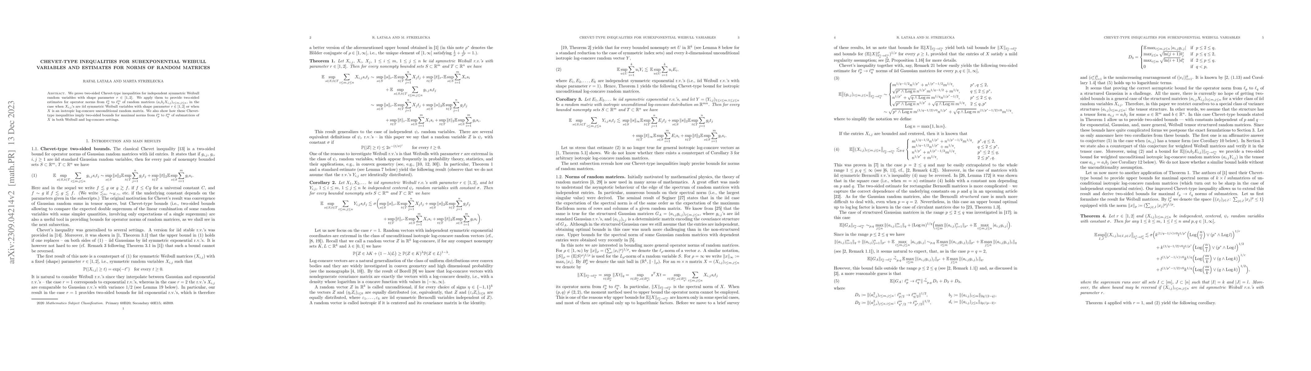 Thumbnail for Chevet-type inequalities for subexponential Weibull variables and
  estimates for norms of random matrices