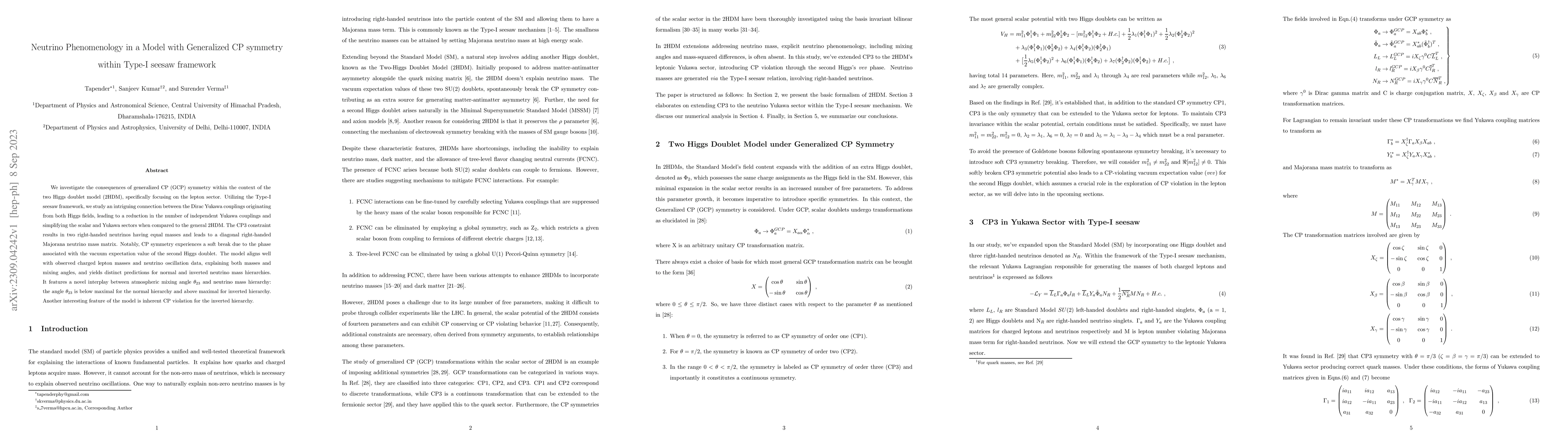Thumbnail for Neutrino Phenomenology in a Model with Generalized CP symmetry within
  Type-I seesaw framework