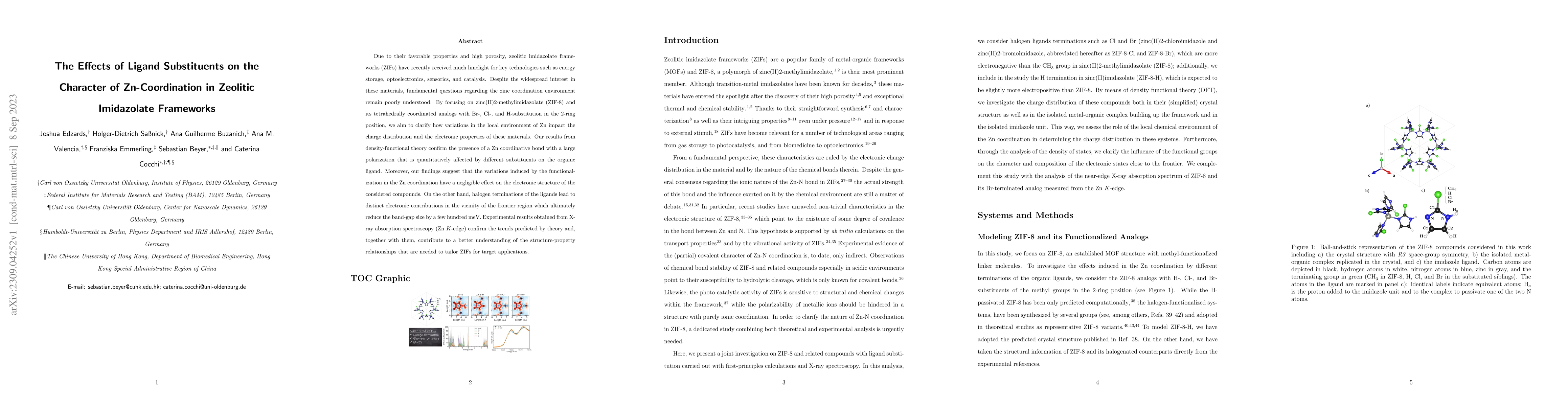 Thumbnail for The Effects of Ligand Substituents on the Character of Zn-Coordination
  in Zeolitic Imidazolate Frameworks
