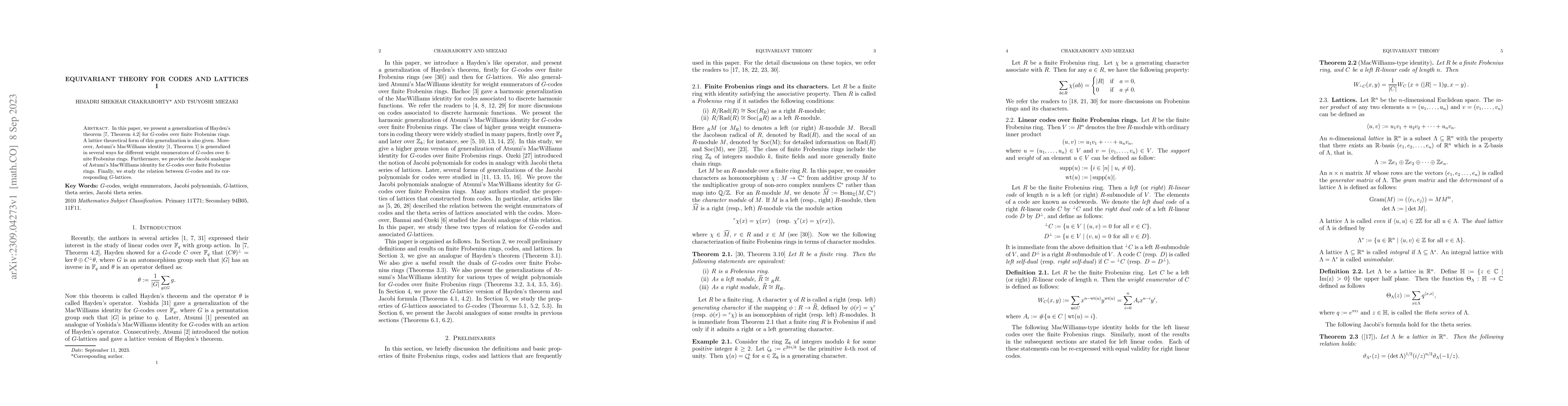 Thumbnail for Equivariant theory for codes and lattices I
