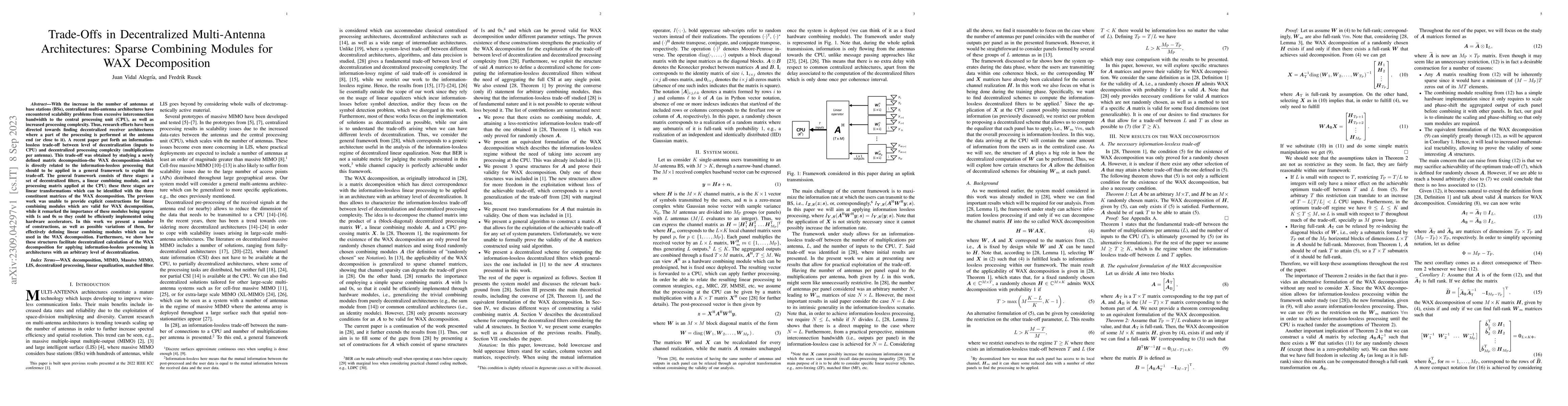 Thumbnail for Trade-Offs in Decentralized Multi-Antenna Architectures: Sparse
  Combining Modules for WAX Decomposition