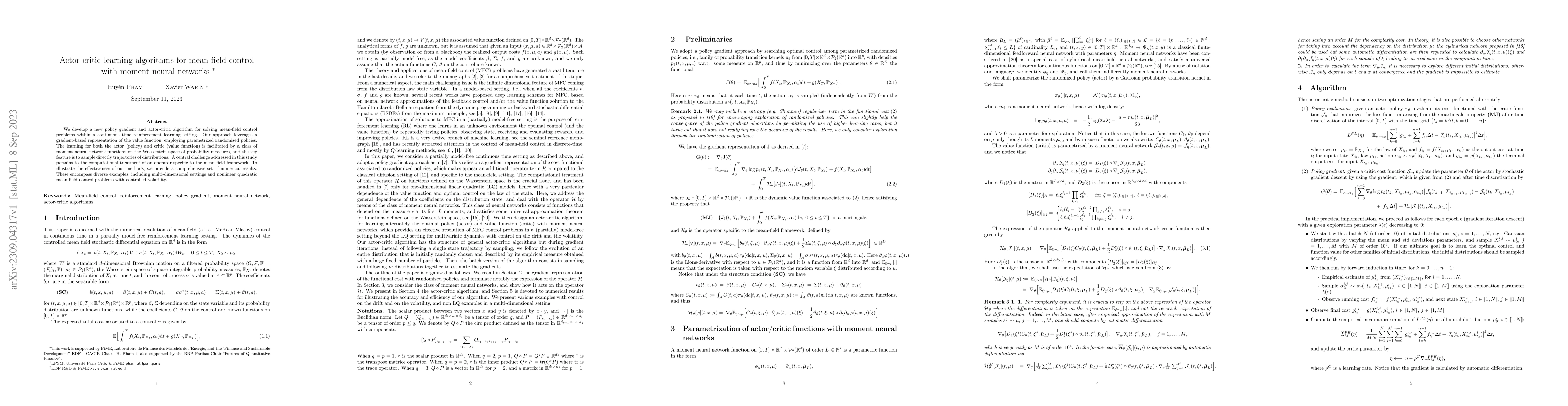 Thumbnail for Actor critic learning algorithms for mean-field control with moment
  neural networks