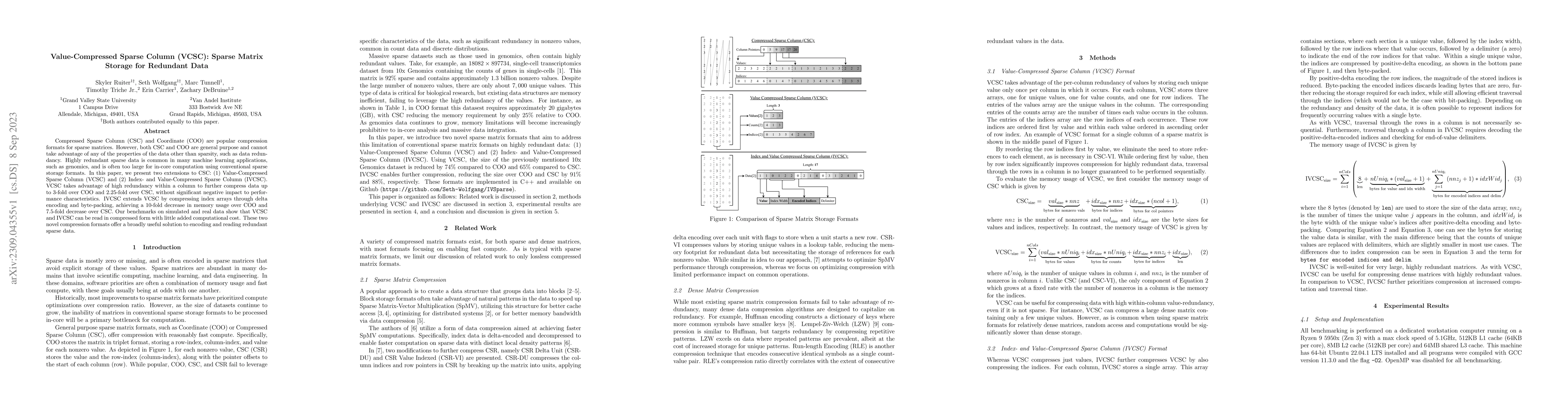 Thumbnail for Value-Compressed Sparse Column (VCSC): Sparse Matrix Storage for
  Redundant Data