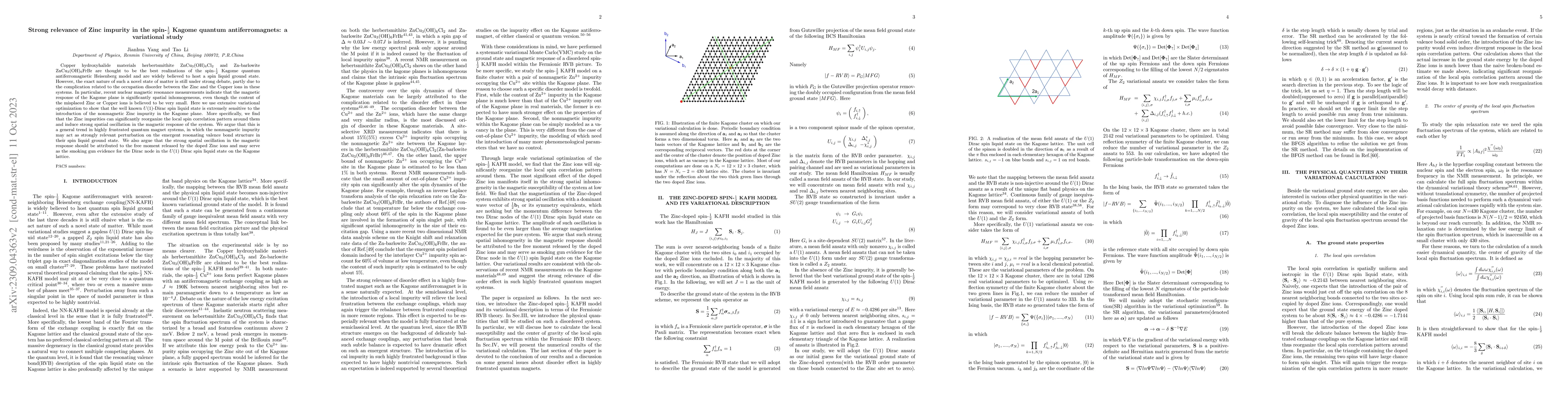 Thumbnail for Strong relevance of Zinc impurity in the spin-$\frac{1}{2}$ Kagome
  quantum antiferromagnets: a variational study
