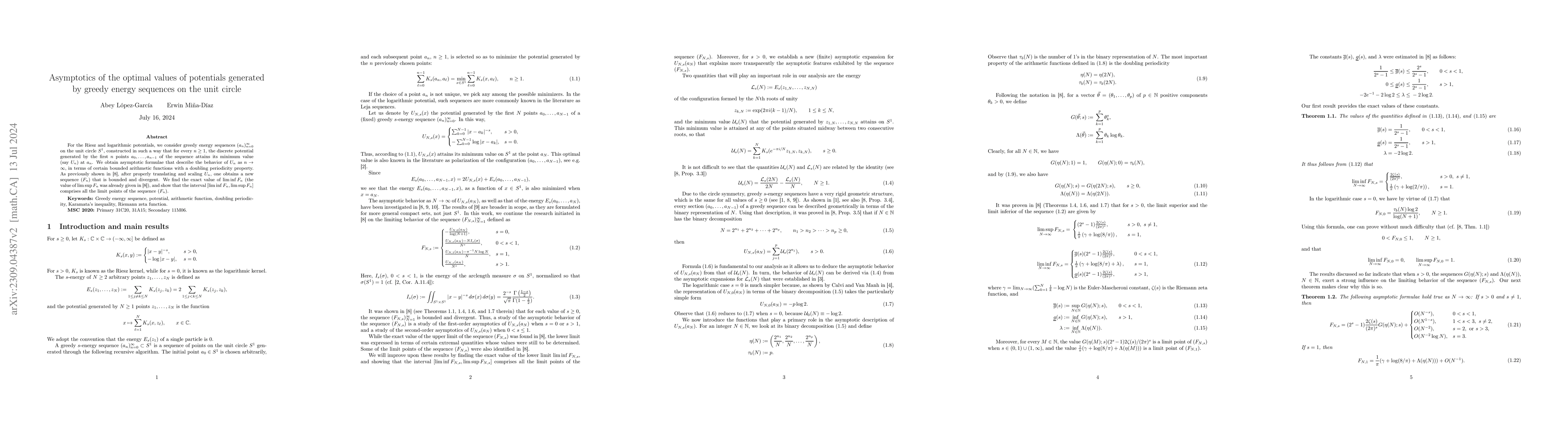 Thumbnail for Asymptotics of the optimal values of potentials generated by greedy
  energy sequences on the unit circle