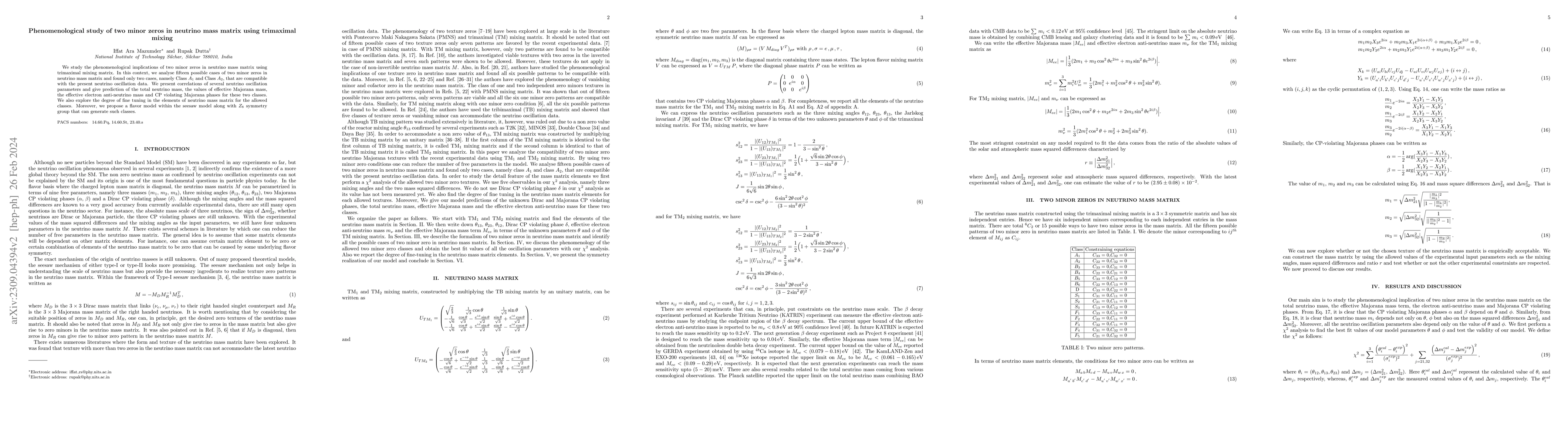 Thumbnail for Phenomenological study of two minor zeros in neutrino mass matrix using
  trimaximal mixing