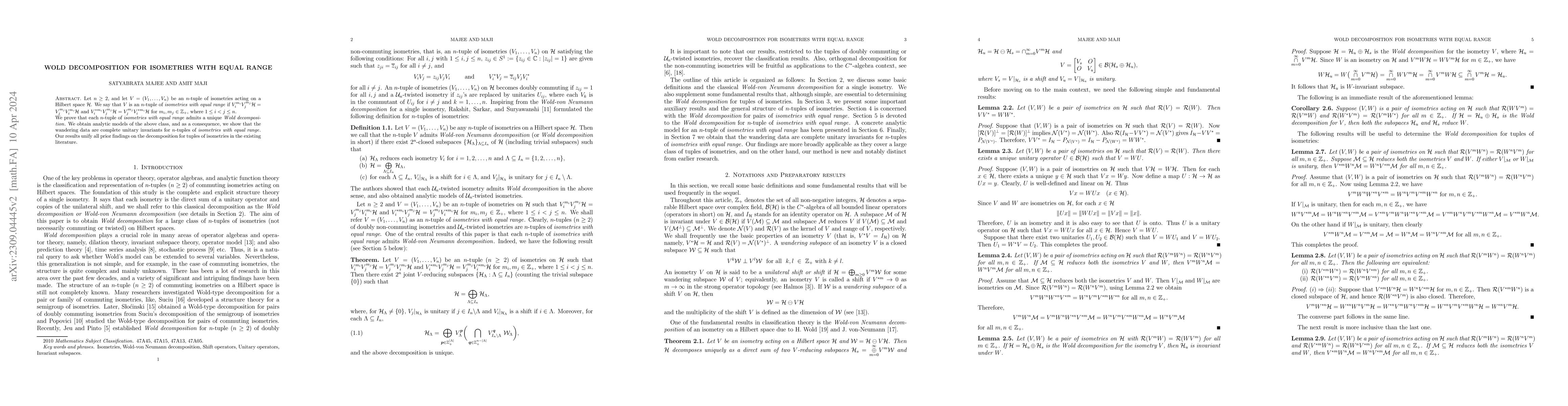 Thumbnail for Wold decomposition for isometries with equal range