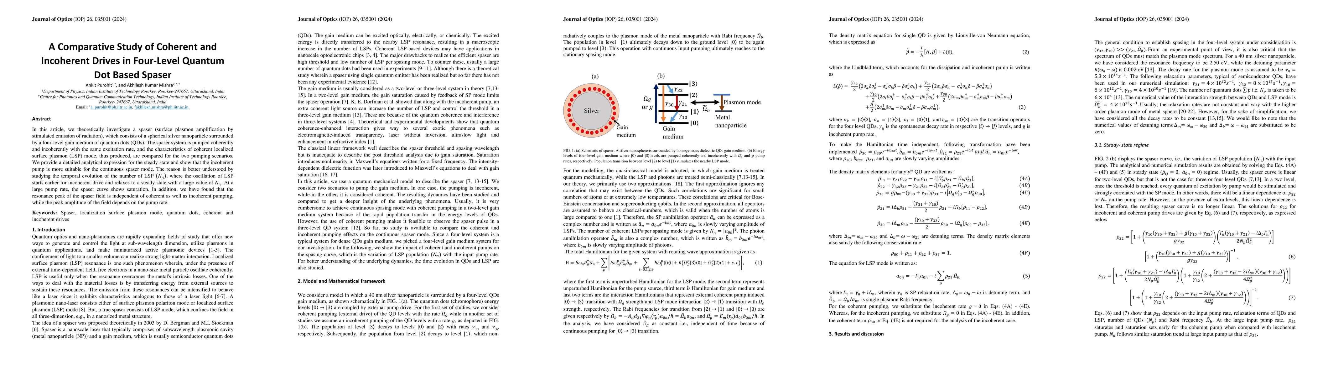 Thumbnail for A Comparative Study of Coherent and Incoherent Drives in Four-Level
  Quantum Dot-Based Spaser