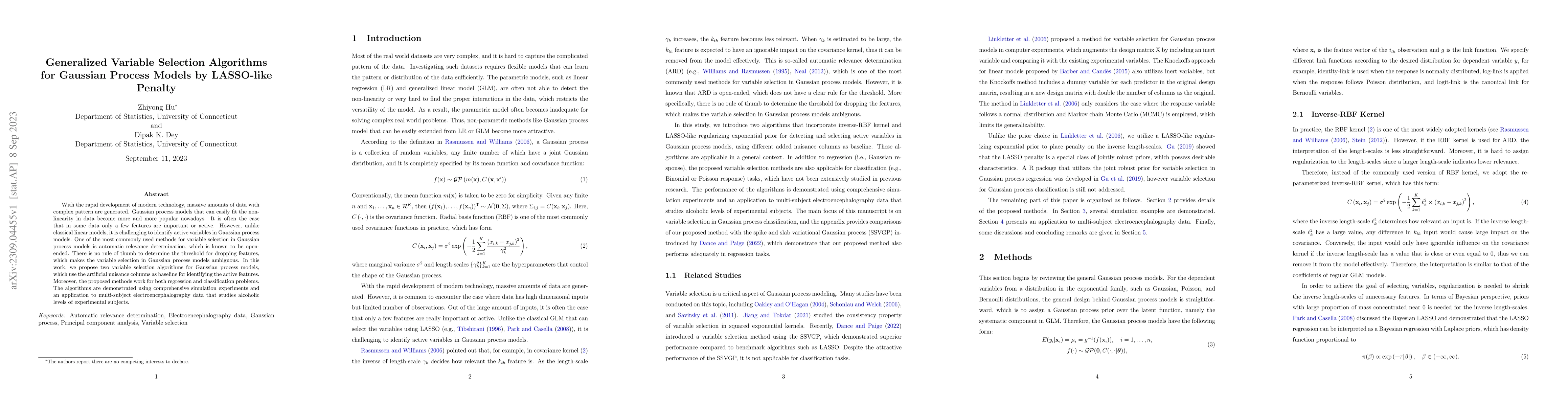 Thumbnail for Generalized Variable Selection Algorithms for Gaussian Process Models by
  LASSO-like Penalty