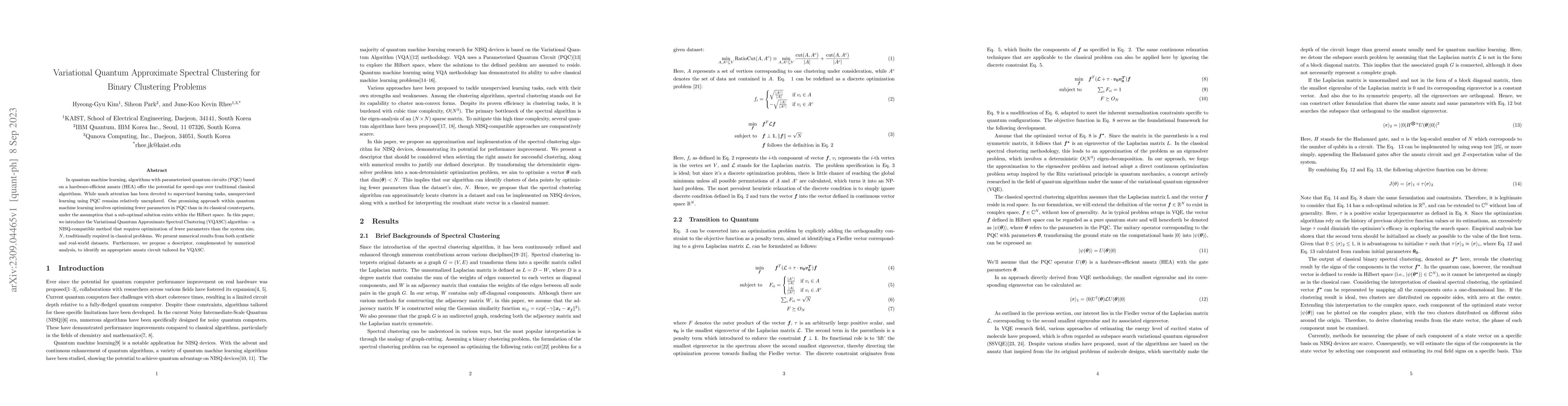 Thumbnail for Variational Quantum Approximate Spectral Clustering for Binary
  Clustering Problems