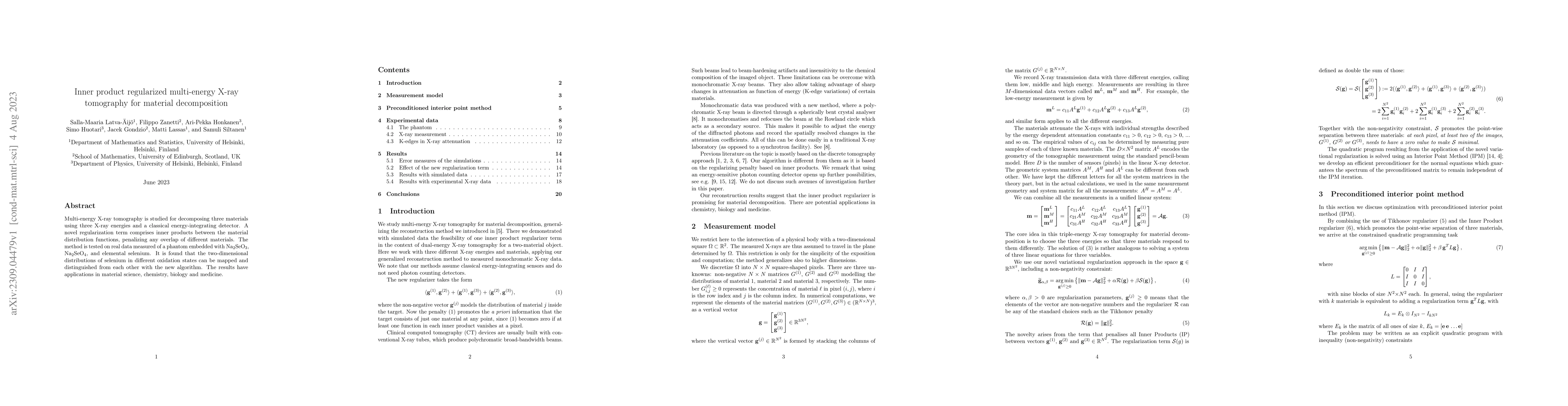 Thumbnail for Inner product regularized multi-energy X-ray tomography for material
  decomposition