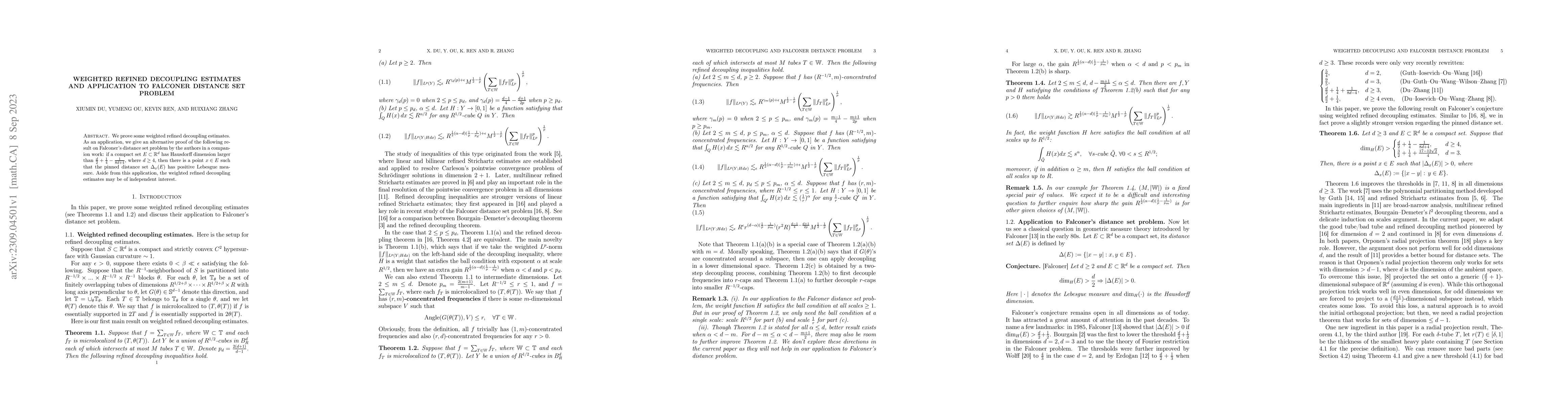 Thumbnail for Weighted refined decoupling estimates and application to Falconer
  distance set problem