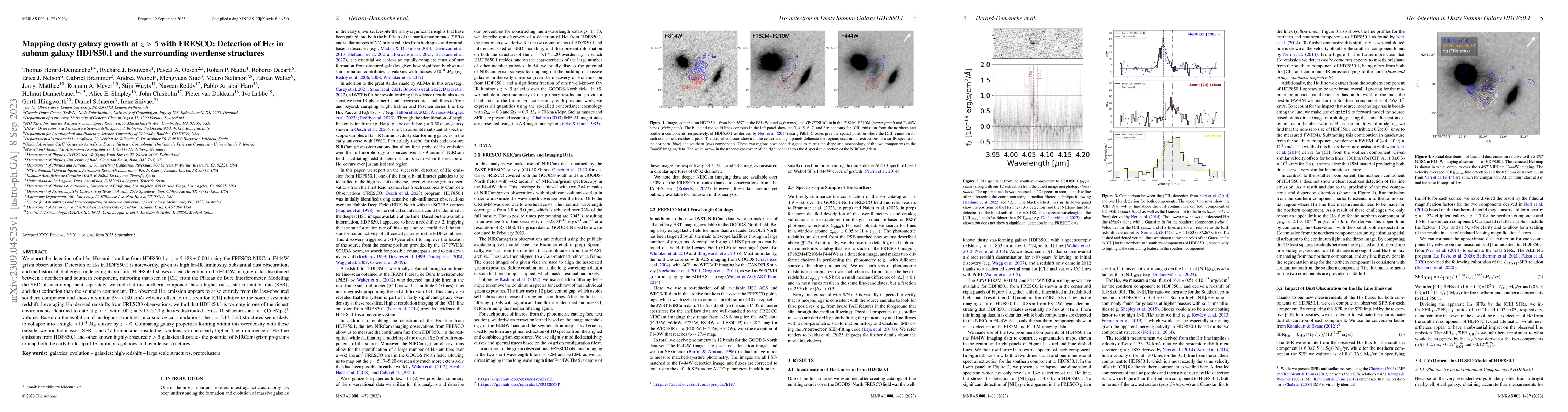 Thumbnail for Mapping dusty galaxy growth at $z>5$ with FRESCO: Detection of H$\alpha$
  in submm galaxy HDF850.1 and the surrounding overdense structures