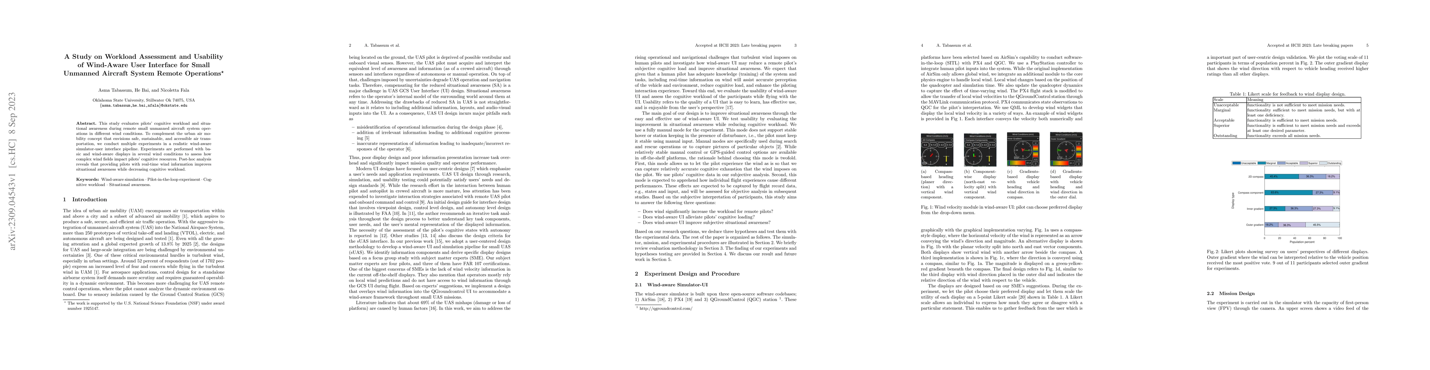 Thumbnail for A Study on Workload Assessment and Usability of Wind-Aware User
  Interface for Small Unmanned Aircraft System Remote Operations