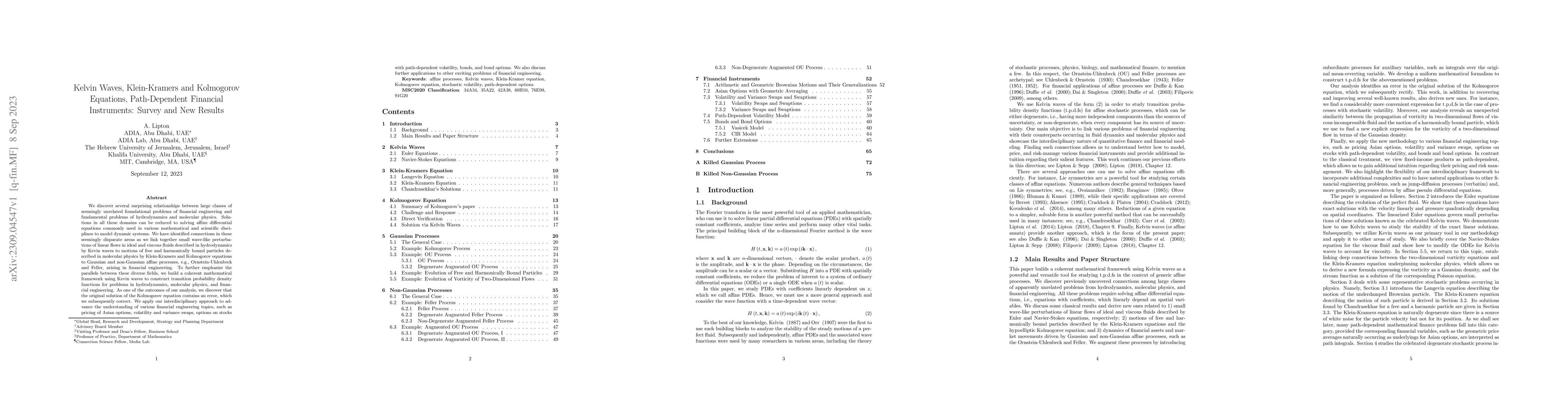 Thumbnail for Kelvin Waves, Klein-Kramers and Kolmogorov Equations, Path-Dependent
  Financial Instruments: Survey and New Results