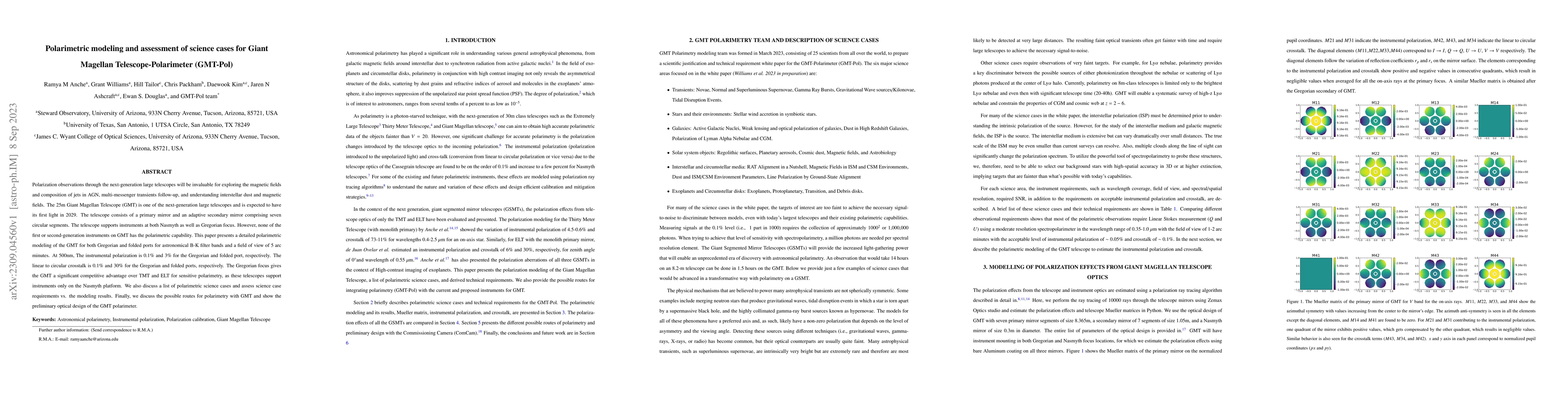 Thumbnail for Polarimetric modeling and assessment of science cases for Giant Magellan
  Telescope-Polarimeter (GMT-Pol)