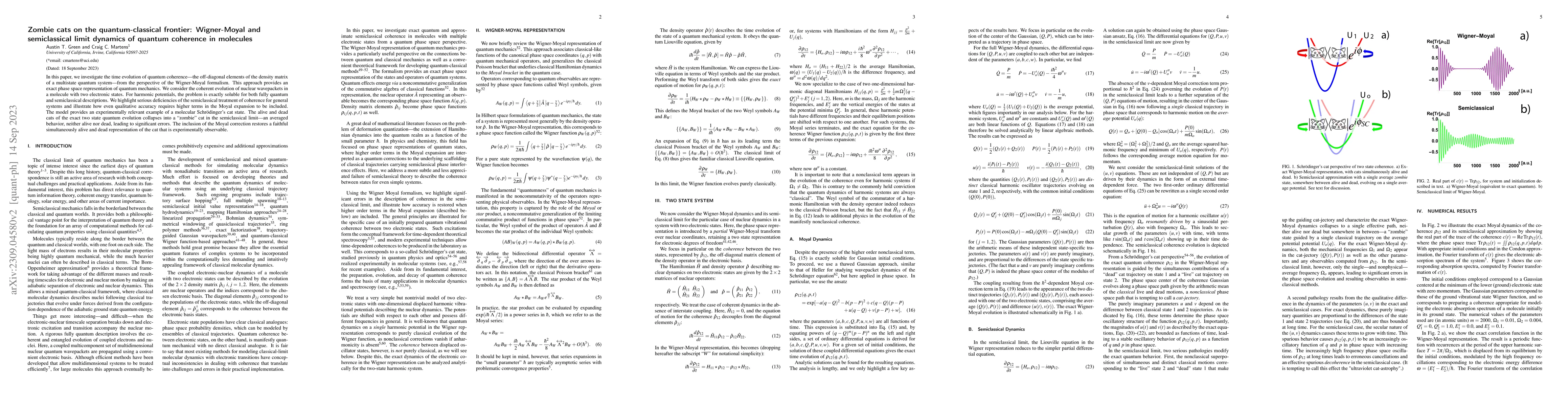 Thumbnail for Zombie Cats on the Quantum-Classical Frontier: Wigner-Moyal and
  Semiclassical Limit Dynamics of Quantum Coherence in Molecules
