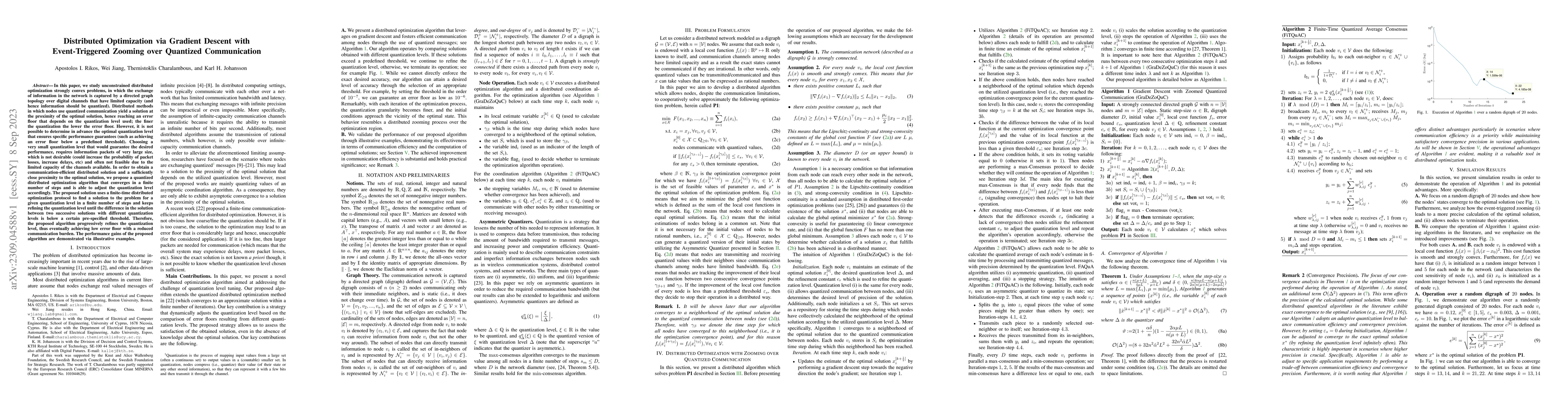 Thumbnail for Distributed Optimization via Gradient Descent with Event-Triggered
  Zooming over Quantized Communication