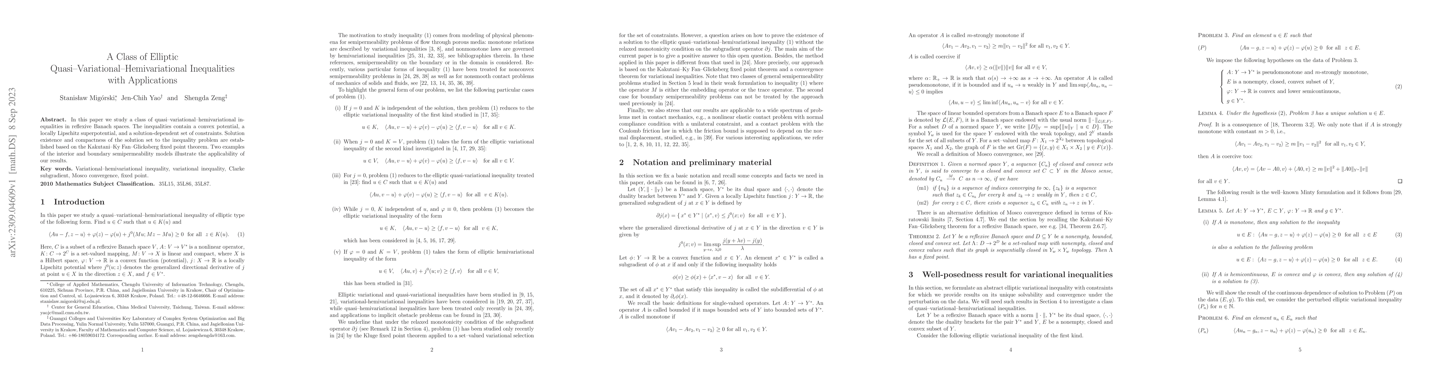 Thumbnail for A class of elliptic quasi-variational-hemivariational inequalities with
  applications