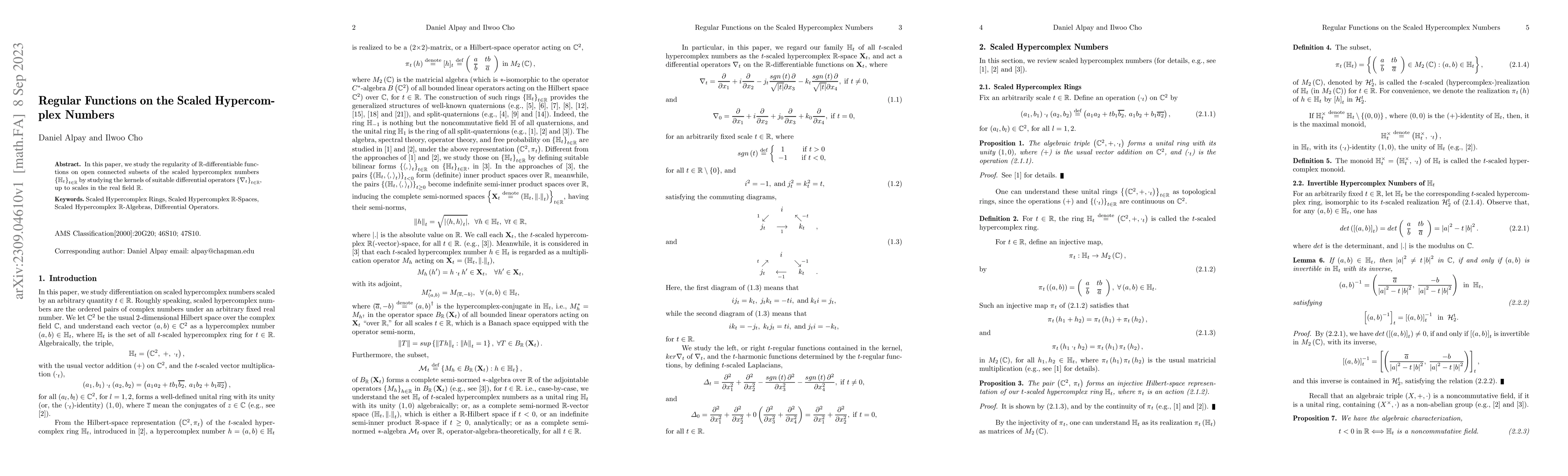 Thumbnail for Regular Functions on the Scaled Hypercomplex Numbers