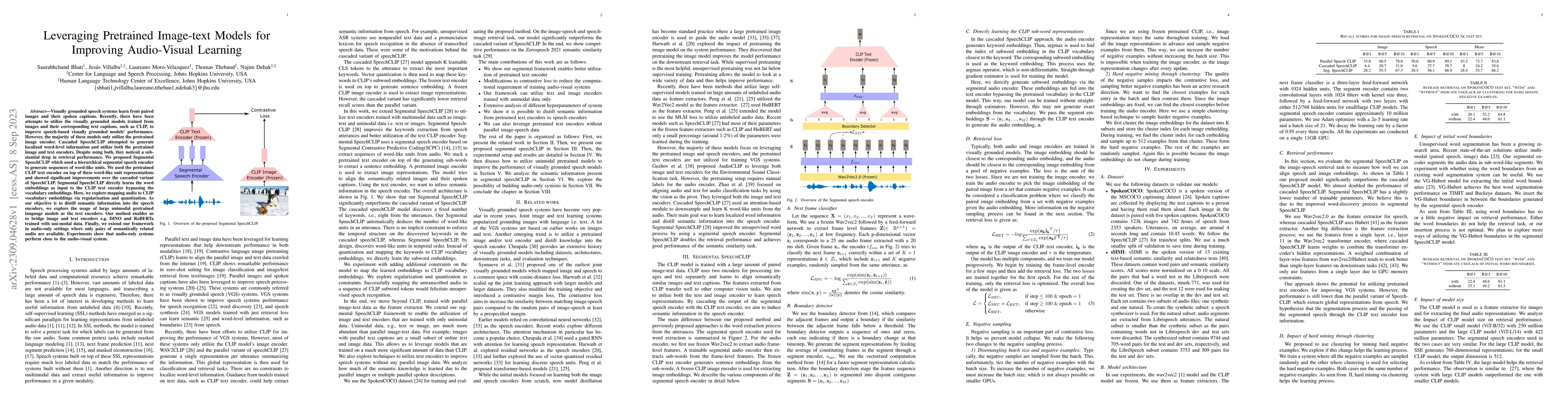 Thumbnail for Leveraging Pretrained Image-text Models for Improving Audio-Visual
  Learning