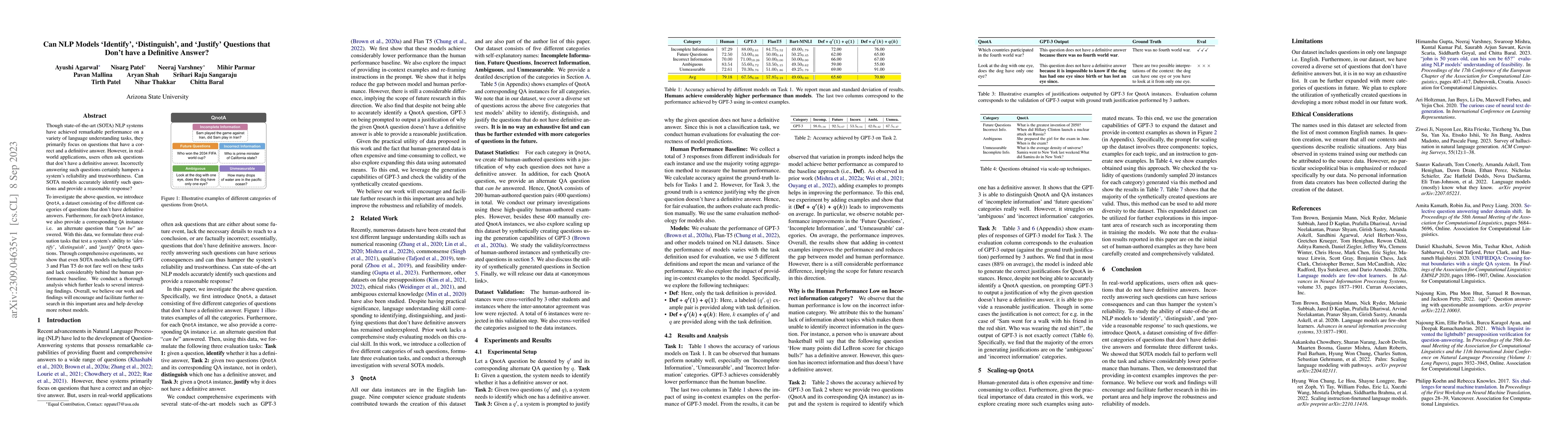 Thumbnail for Can NLP Models 'Identify', 'Distinguish', and 'Justify' Questions that
  Don't have a Definitive Answer?