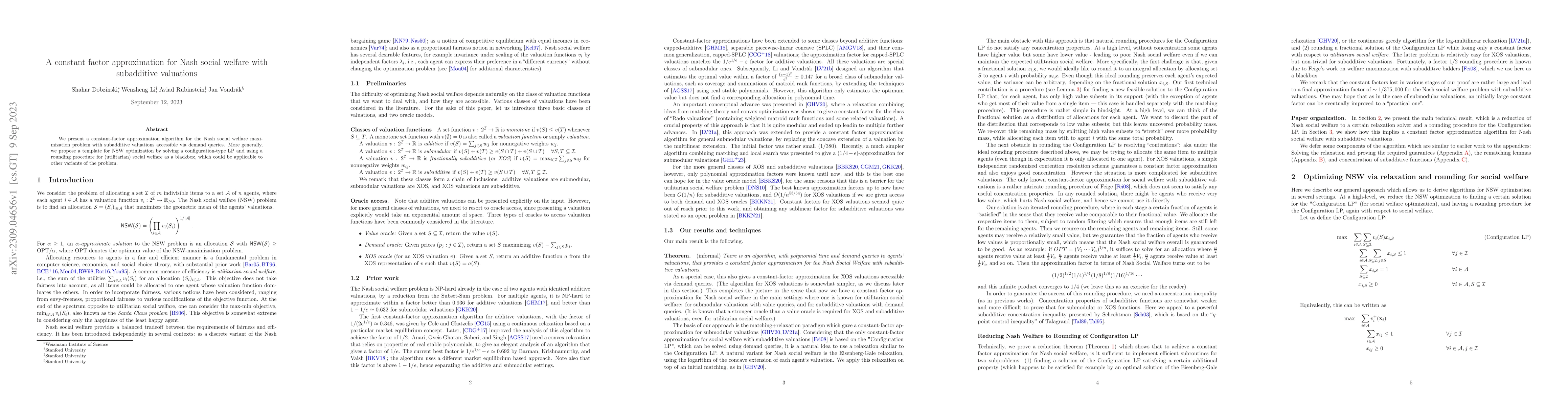 Thumbnail for A constant factor approximation for Nash social welfare with subadditive
  valuations