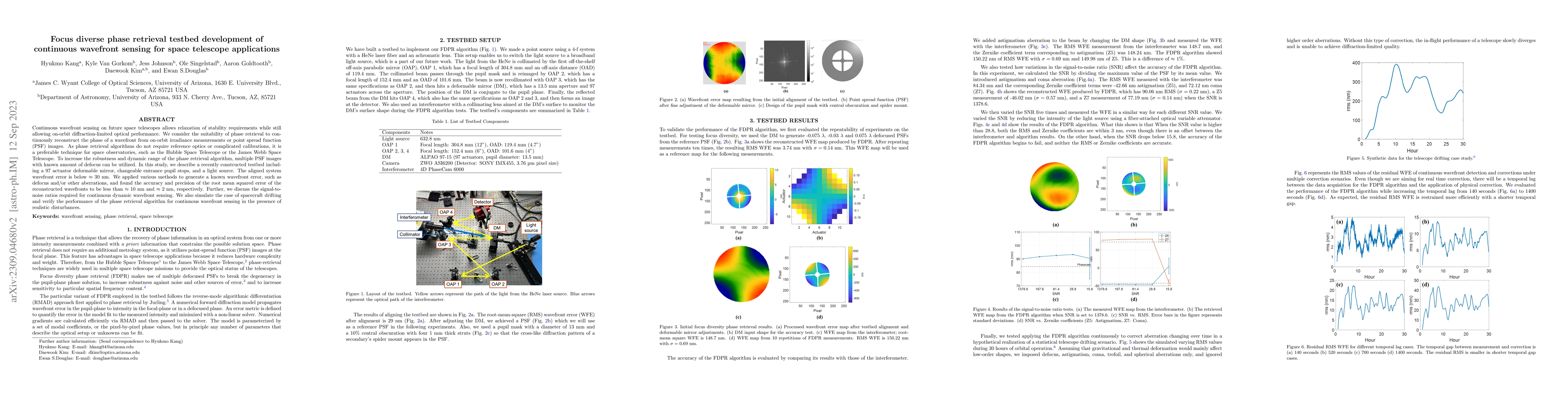 Thumbnail for Focus diverse phase retrieval testbed development of continuous
  wavefront sensing for space telescope applications