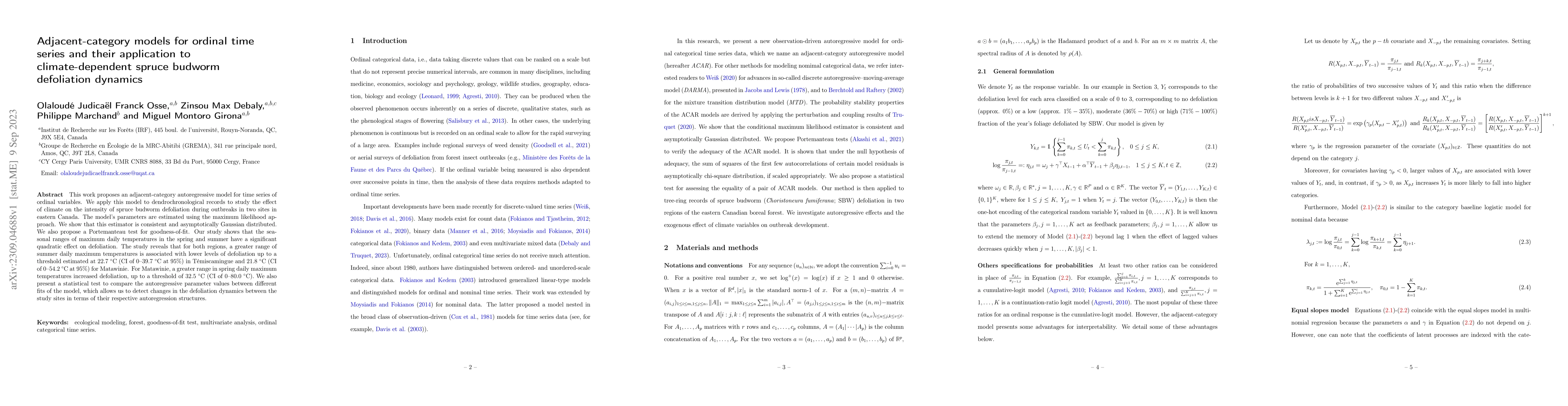 Thumbnail for Adjacent-category models for ordinal time series and their application
  to climate-dependent spruce budworm defoliation dynamics