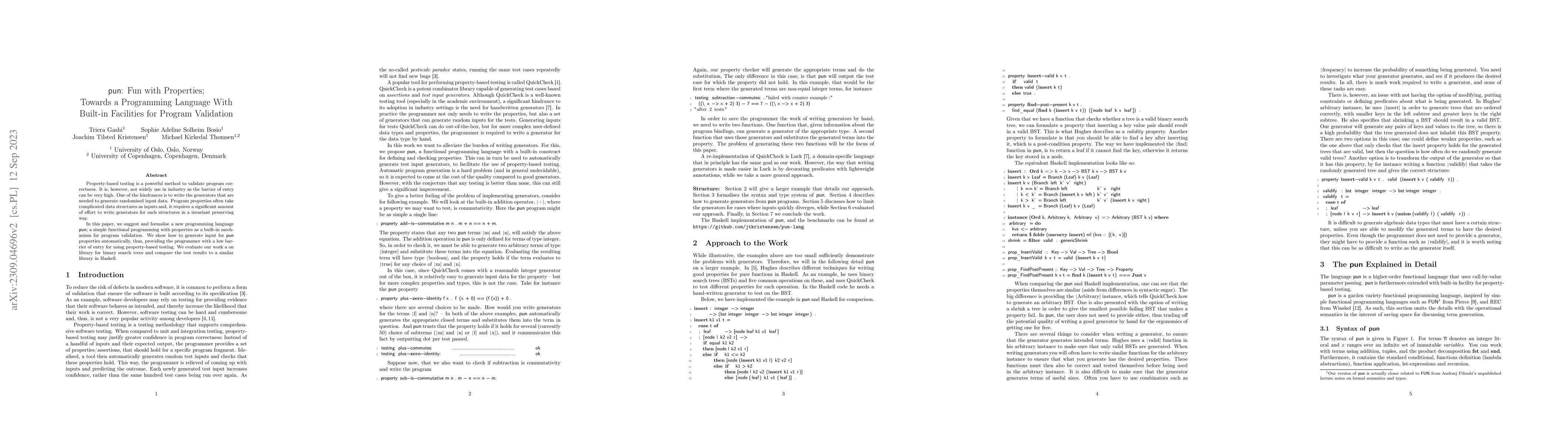 Thumbnail for pun: Fun with Properties; Towards a Programming Language With Built-in
  Facilities for Program Validation