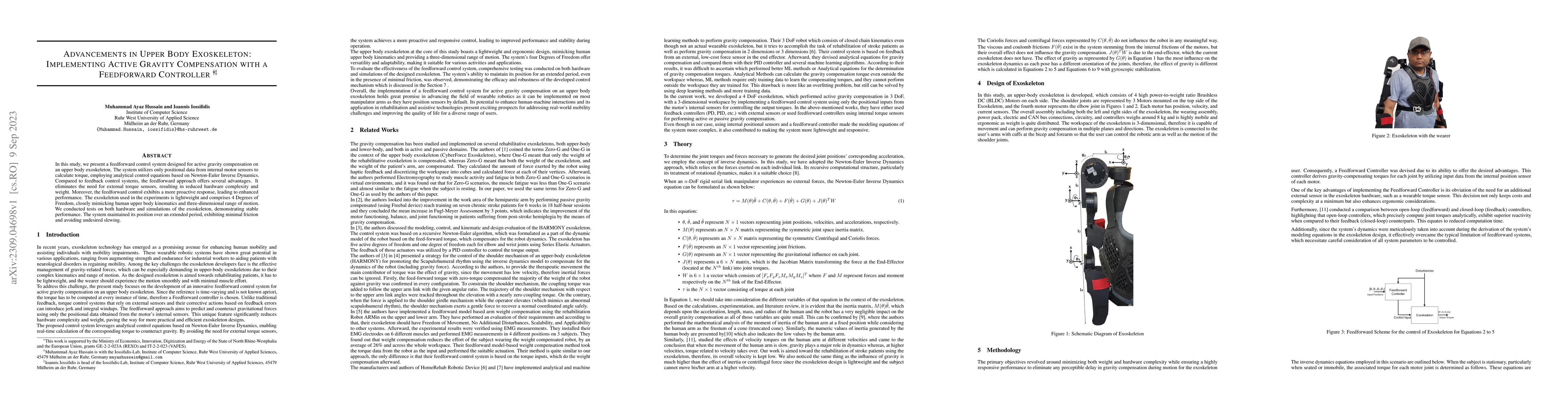 Thumbnail for Advancements in Upper Body Exoskeleton: Implementing Active Gravity
  Compensation with a Feedforward Controller