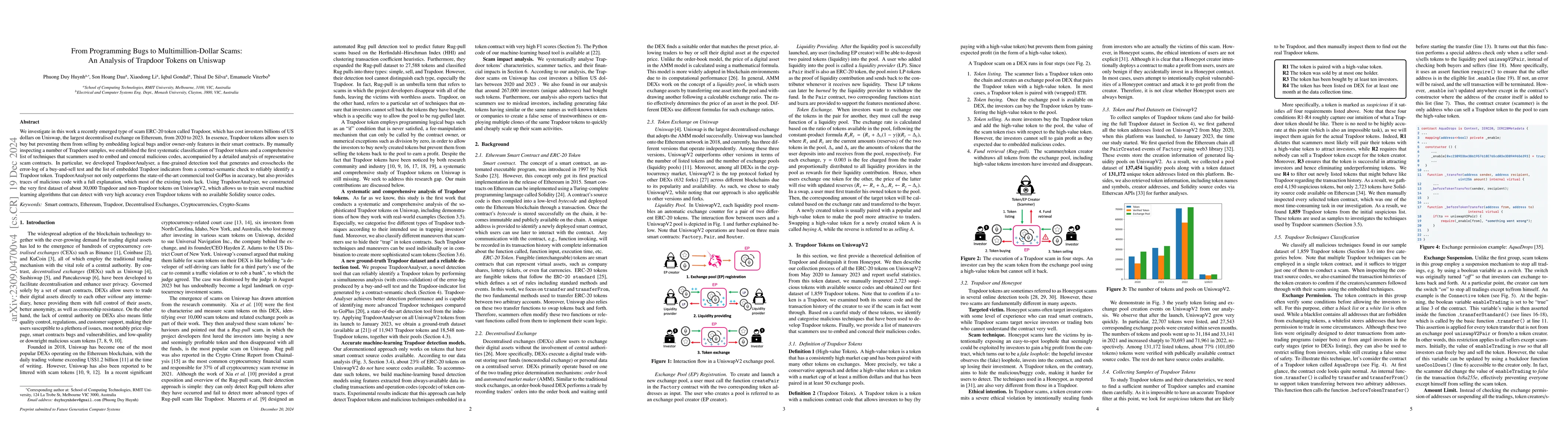 Thumbnail for From Programming Bugs to Multimillion-Dollar Scams: An Analysis of
  Trapdoor Tokens on Decentralized Exchanges