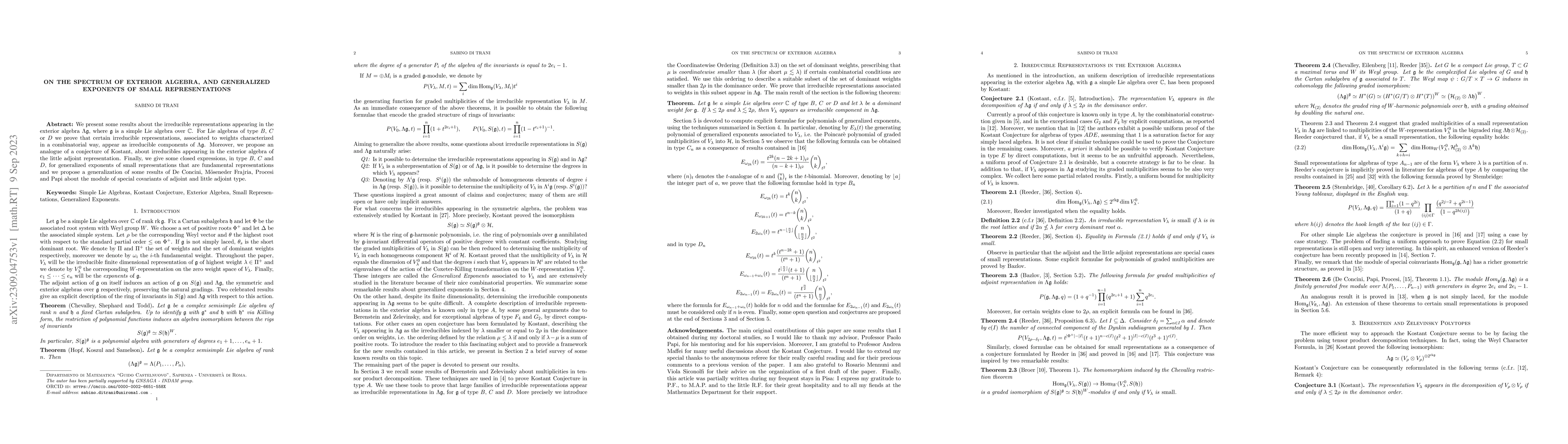 Thumbnail for On the Spectrum of Exterior Algebra, and Generalized Exponents of Small
  Representations