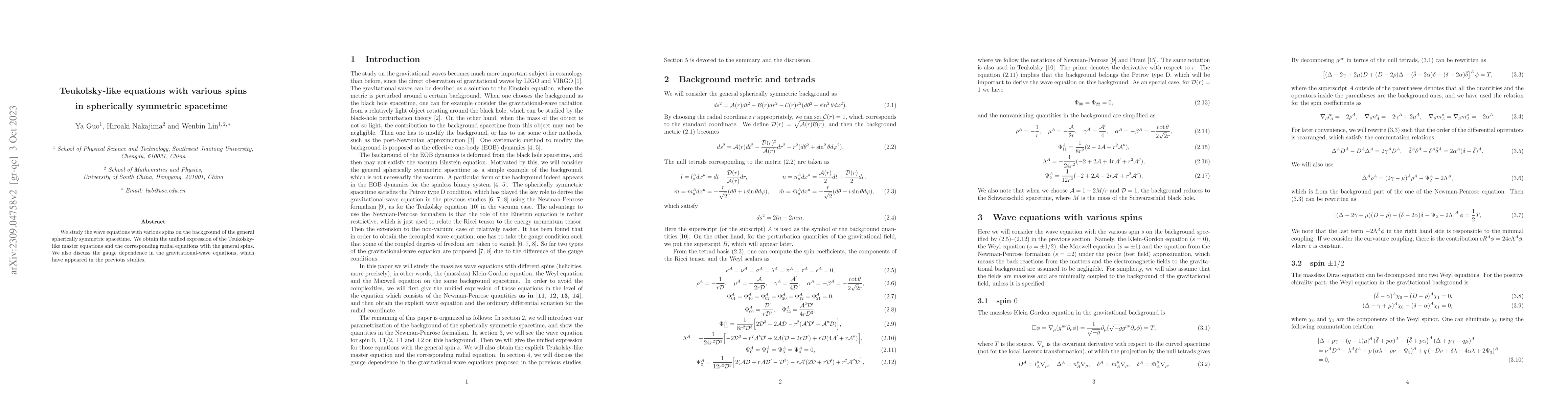 Thumbnail for Teukolsky-like equations with various spins in spherically symmetric
  spacetime