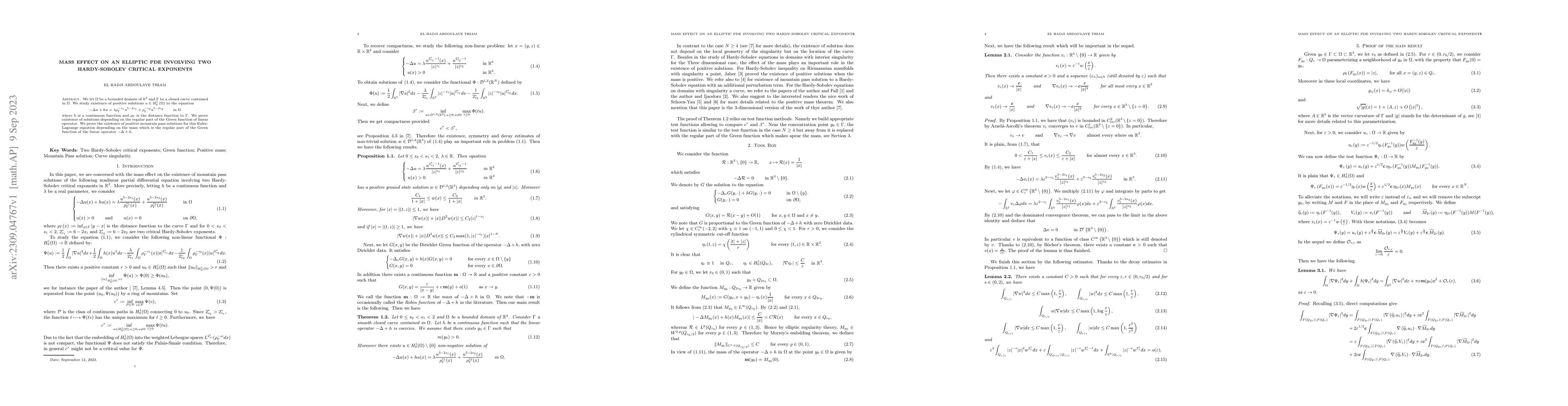 Thumbnail for Mass effect on an elliptic PDE involving two Hardy-Sobolev critical
  exponents