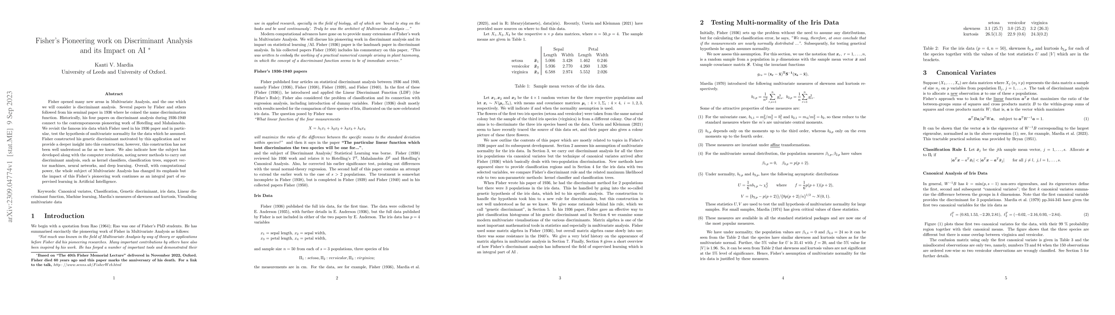 Thumbnail for Fisher's Pioneering work on Discriminant Analysis and its Impact on AI