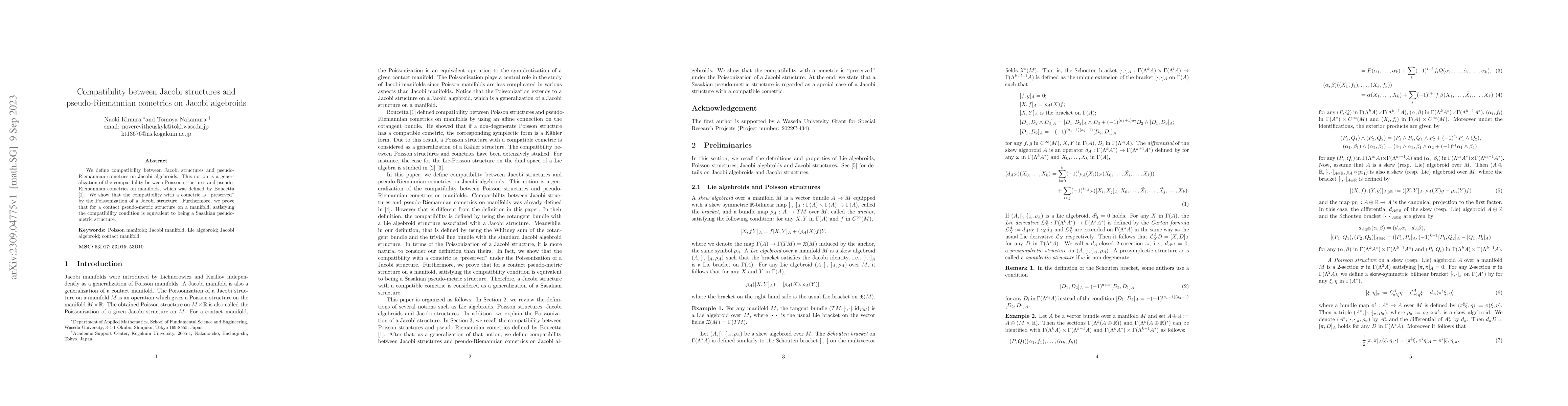 Thumbnail for Compatibility between Jacobi structures and pseudo-Riemannian cometrics
  on Jacobi algebroids