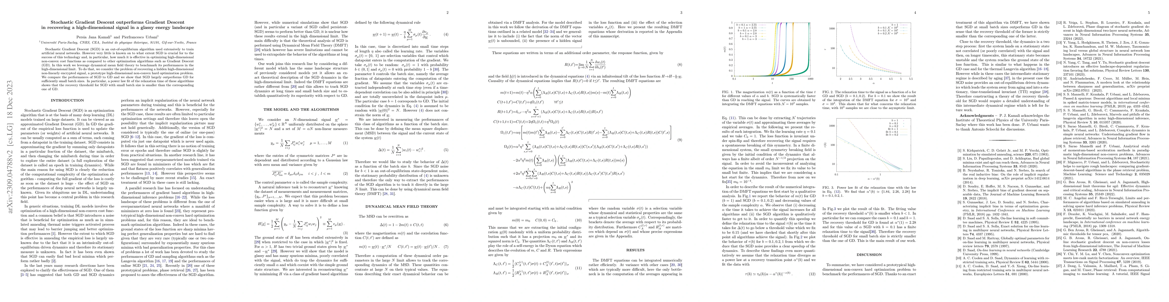Thumbnail for Stochastic Gradient Descent outperforms Gradient Descent in recovering a
  high-dimensional signal in a glassy energy landscape