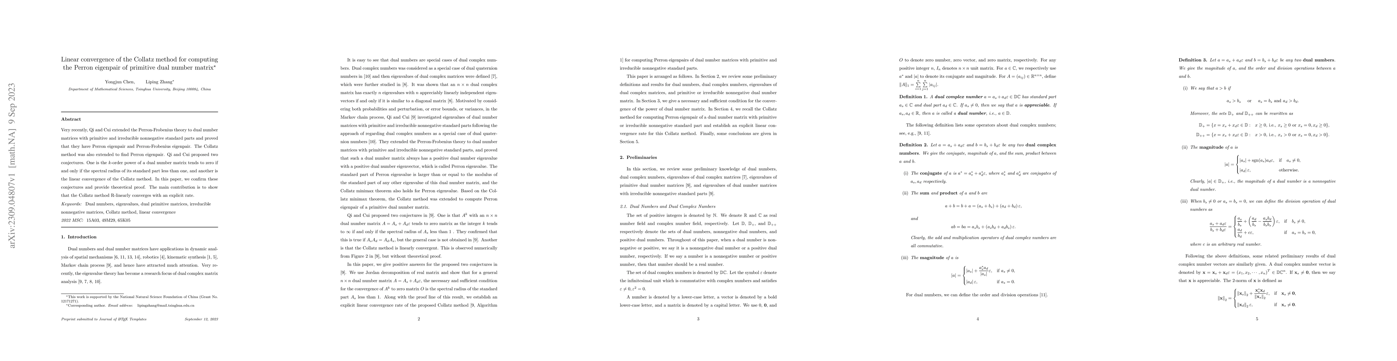 Thumbnail for Linear convergence of the Collatz method for computing the Perron
  eigenpair of primitive dual number matrix