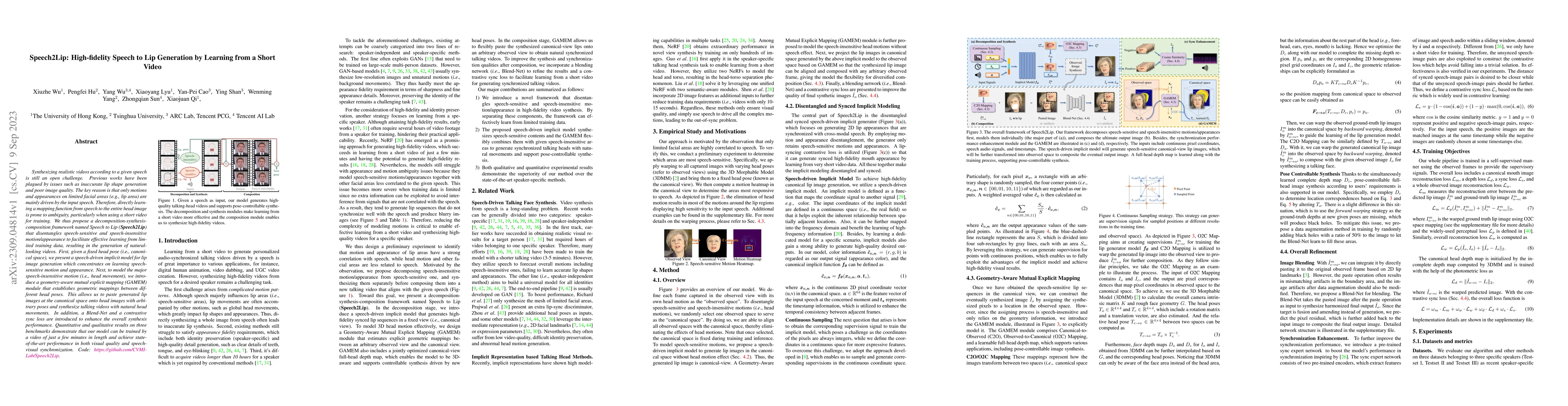 Thumbnail for Speech2Lip: High-fidelity Speech to Lip Generation by Learning from a
  Short Video