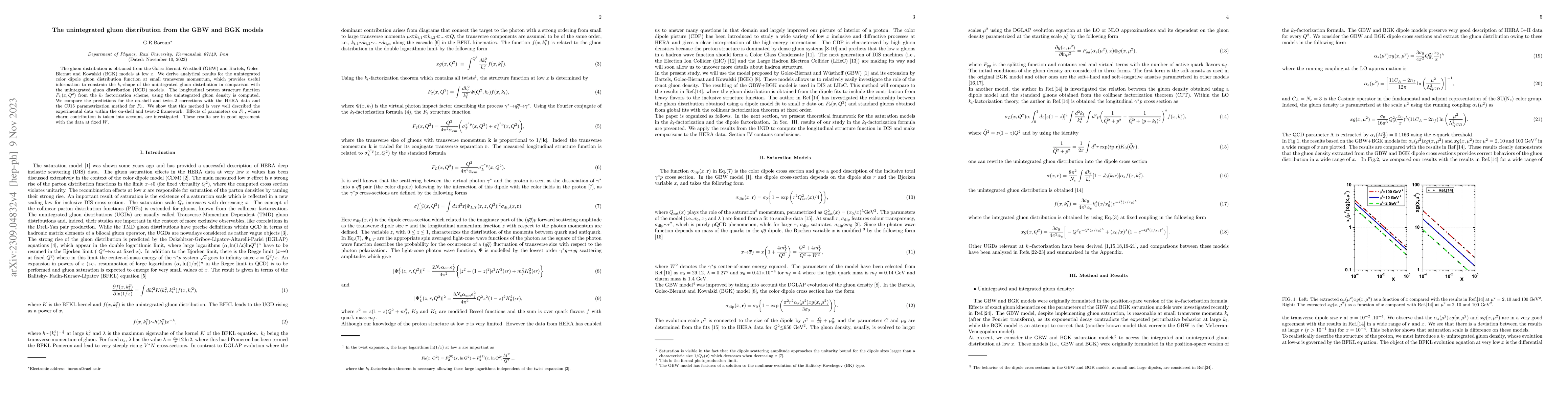 Thumbnail for The unintegrated gluon distribution from the GBW and BGK models
