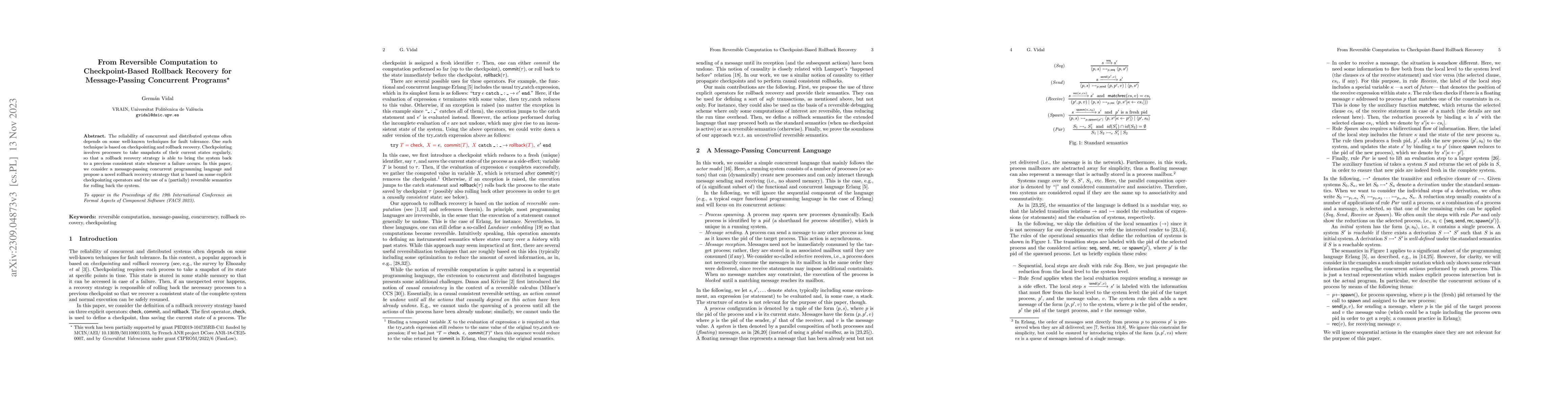 Thumbnail for From Reversible Computation to Checkpoint-Based Rollback Recovery for
  Message-Passing Concurrent Programs