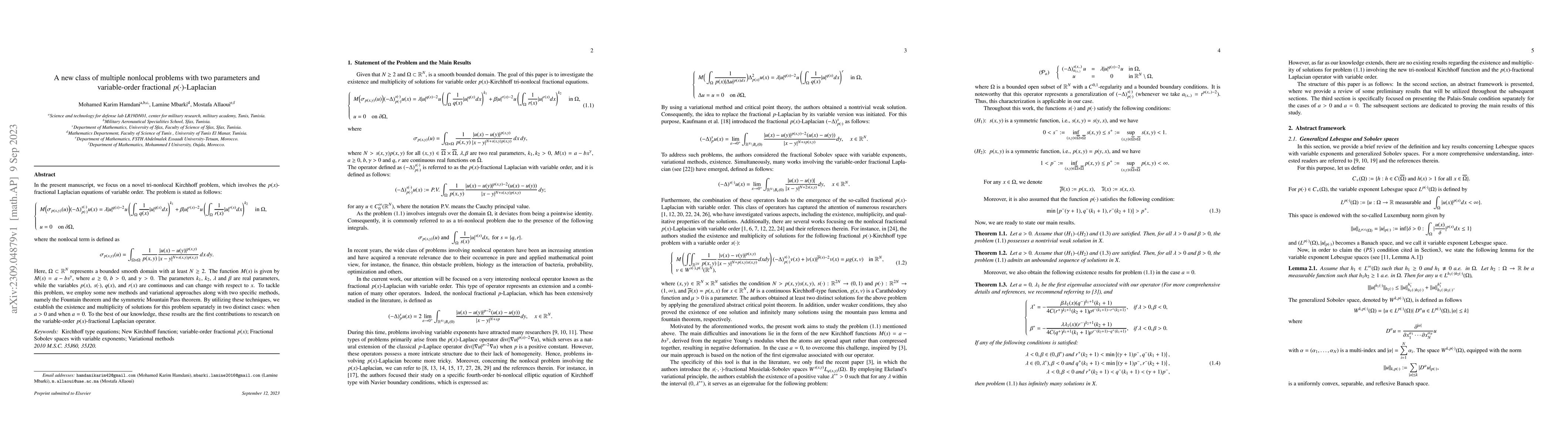 Thumbnail for A new class of multiple nonlocal problems with two parameters and
  variable-order fractional $p(\cdot)$-Laplacian