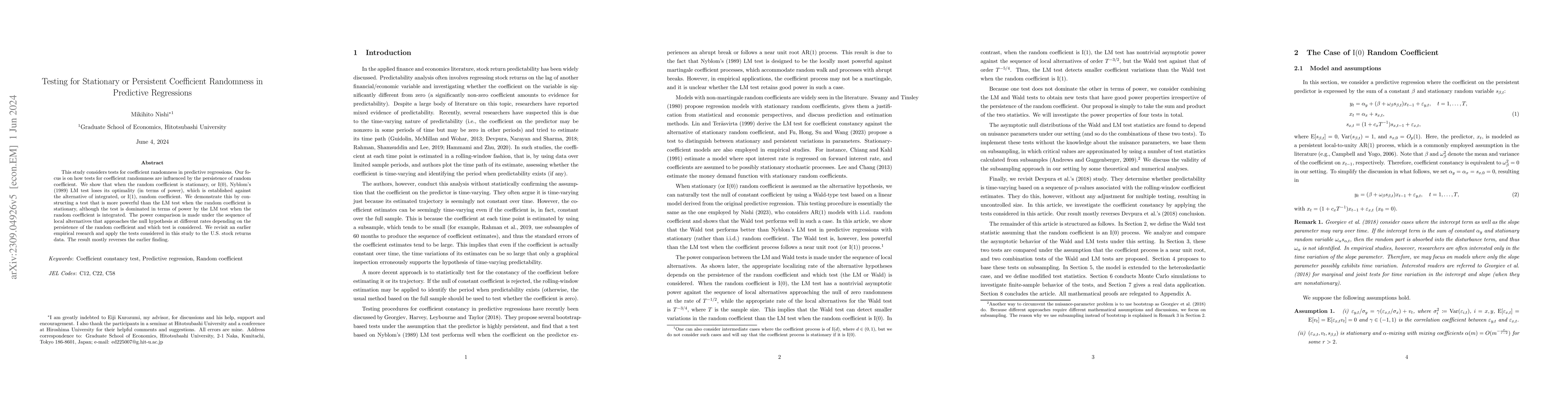 Thumbnail for Testing for Stationary or Persistent Coefficient Randomness in
  Predictive Regressions